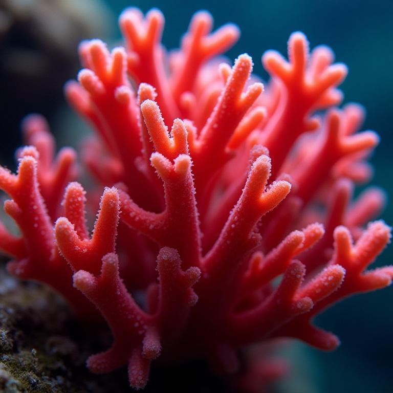 Dettaglio macro di un ramo vibrante di Corallo Rubrum proveniente dal cristallino Mar Mediterraneo, selezionato eticamente.