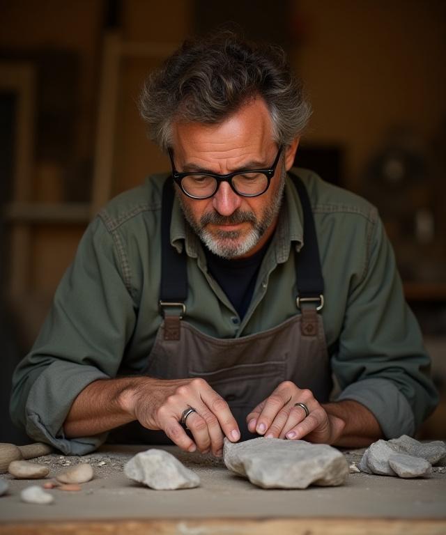 Il fondatore di Corallo Fiume mentre lavora una pietra nel suo laboratorio artigianale